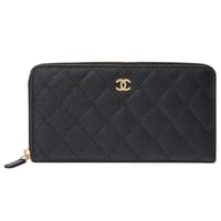 B賞-【CHANEL 香奈兒】經典金色雙C LOGO菱格粒紋牛皮拉鍊長夾(黑色AP0242C-BLK-GP)