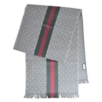 A賞-GUCCI 經典雙G LOGO條紋羊毛絲綢流蘇披肩長圍巾大絲巾(灰)