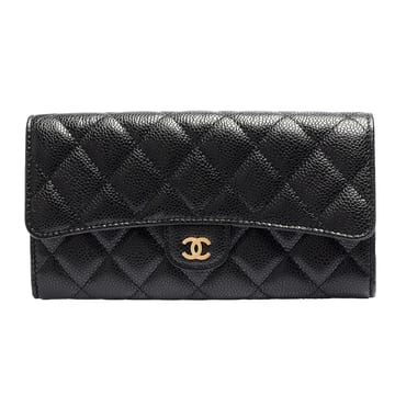 B賞-【CHANEL 香奈兒】經典金色雙C LOGO菱格粒紋牛皮暗釦長夾(黑色AP0241C-BLK-GP)『entrupy安心購』