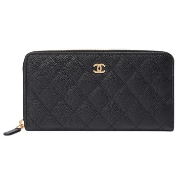 B賞-【CHANEL 香奈兒】經典金色雙C LOGO菱格粒紋牛皮拉鍊長夾(黑色AP0242C-BLK-GP)