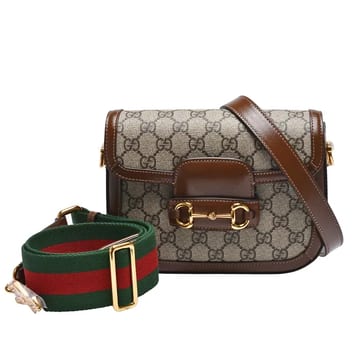 A賞-GUCCI 經典1955 Horsebit系列GG Supreme帆布雙背帶斜背包(烏木色658574-HUHHG-8565)