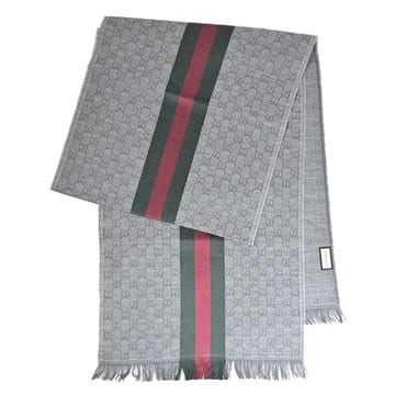 A賞-GUCCI 經典雙G LOGO條紋羊毛絲綢流蘇披肩長圍巾大絲巾(灰)