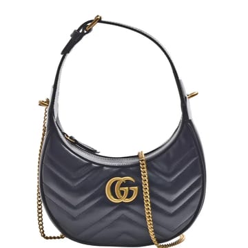 A賞-GUCCI 經典GG Marmont雙GLOGO衍縫小牛皮手提/斜背彎月包(黑色699514-DTDHT-1000)