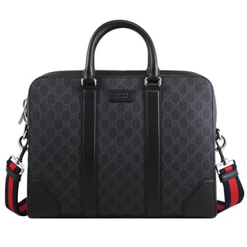 A賞-GUCCI  經典雙G印花拼接手提包包公事包兩用包(黑灰)